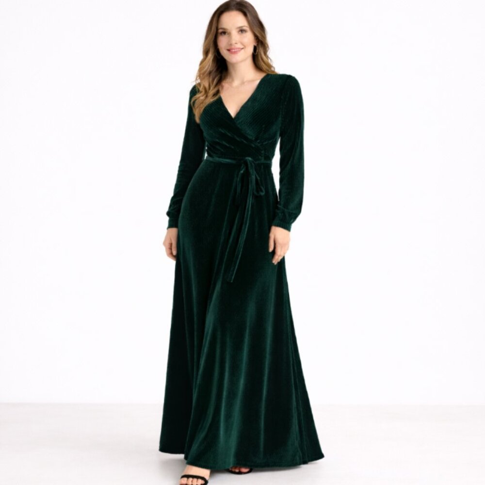 Baltic Born Velvet Wrap Maxi Dress Long Sleeve Hunter Forest Green NWT